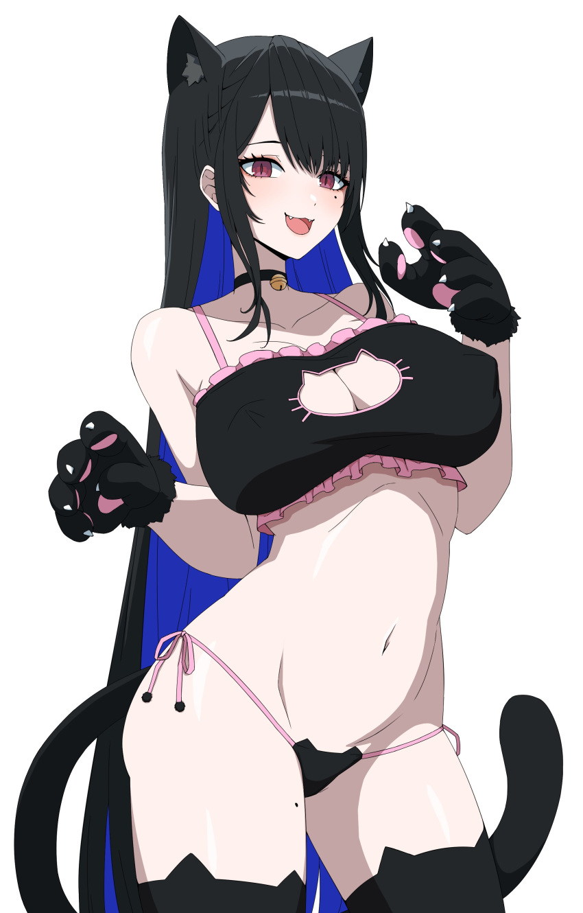 1girl absurdres animal_ears bare_shoulders black_hair blue_hair breasts cat_cutout cat_ear_panties cat_ears cat_tail cleavage_cutout clothing_cutout colored_inner_hair covered_nipples daydarion hair_ornament highres hololive hololive_english horns kemonomimi_mode large_breasts long_hair mole mole_on_thigh mole_under_eye multicolored_hair nerissa_ravencroft no_horns panties paw_pose red_eyes smile solo tail two-tone_hair underwear very_long_hair virtual_youtuber