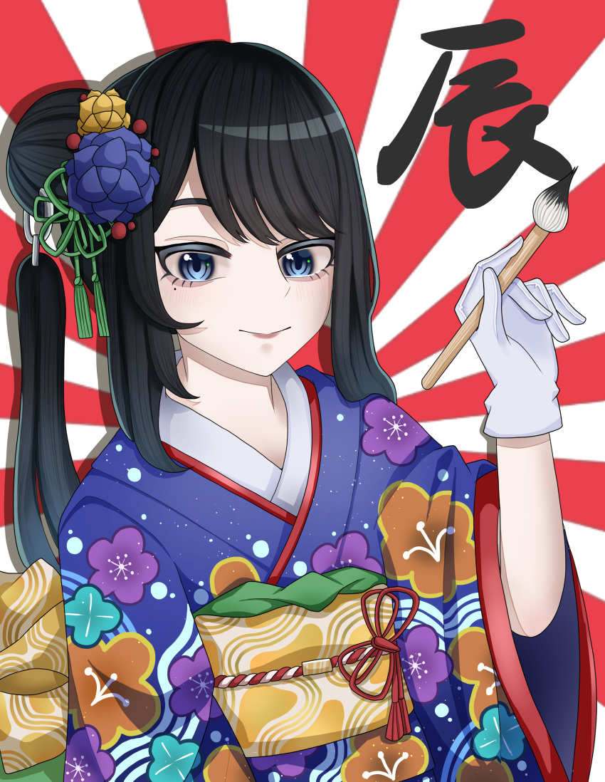 1girl absurdres ado_(utaite) alternate_hairstyle black_hair blue_eyes blush calligraphy_brush chando_(ado) closed_mouth cloud_nine_inc commentary english_commentary floral_print floral_print_kimono flower hair_bun hair_flower hair_ornament highres japanese_clothes kimono long_hair looking_at_viewer mole mole_under_eye nemophila2929 obi paintbrush purple_kimono sash shadow sidelocks single_side_bun solo translation_request upper_body utaite wide_sleeves