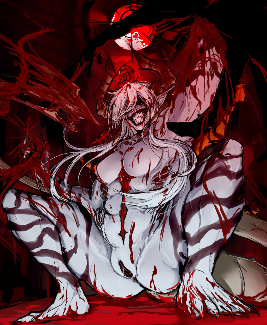 1girl abs absurdres alternate_form baphomet_(nyantcha) black_halo black_sclera blood blood_on_chest body_markings borrowed_character breasts colored_sclera colored_skin commentary completely_nude crazy_eyes demon_girl demon_tail english_commentary extra_legs guro hair_over_face halo hemokinesis highres horns horror_(theme) large_breasts long_fingers long_hair long_pointy_ears m_legs mature_female muscular muscular_female no_nipples nude original pointy_ears prehensile_tail sharp_teeth sister_almonde_(nyantcha) sluff_(twistedtendril) solo squatting tail teeth torn_skin uncensored very_long_tail white_hair white_horns white_skin