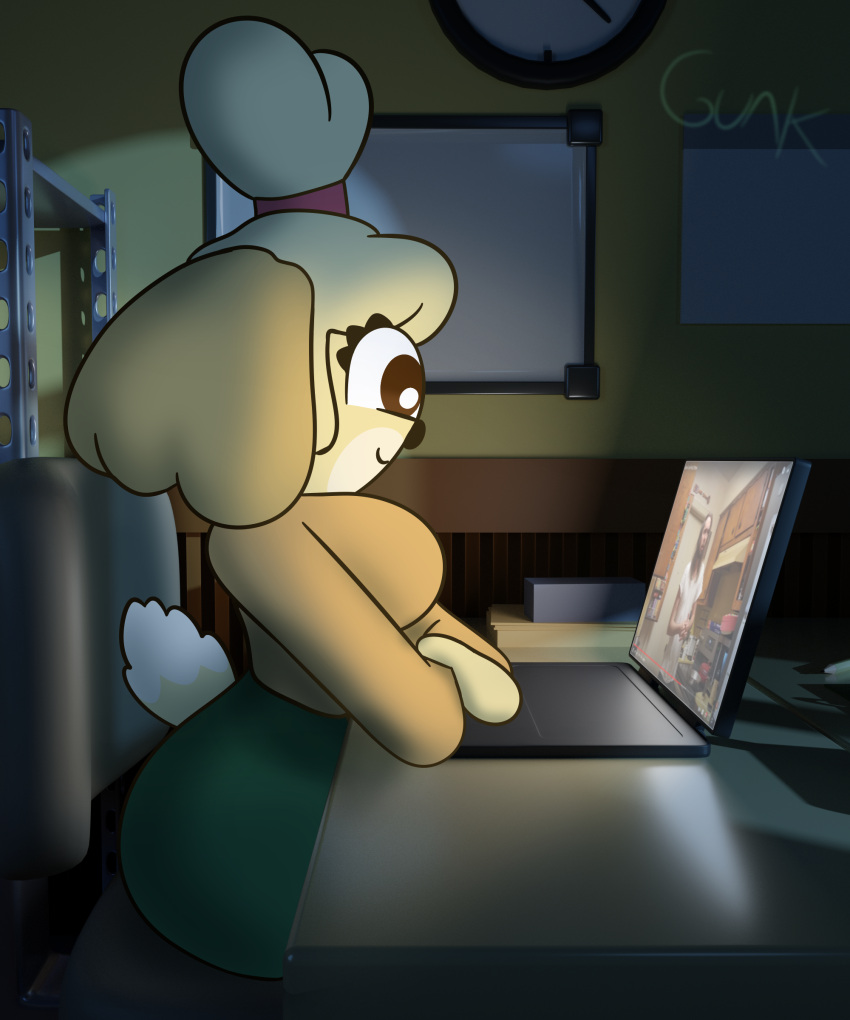3d_background absurd_res animal_crossing anthro bottomwear breasts canid canine canis clothing computer crossed_arms curvy_figure domestic_dog electronics female green_bottomwear green_clothing green_skirt guak hi_res humanoid inside isabelle_(animal_crossing) laptop looking_at_computer looking_at_laptop looking_at_object mammal mixed_media nintendo office orange_clothing orange_shirt orange_topwear shirt short_tail sitting skirt smile solo tail topwear youtube