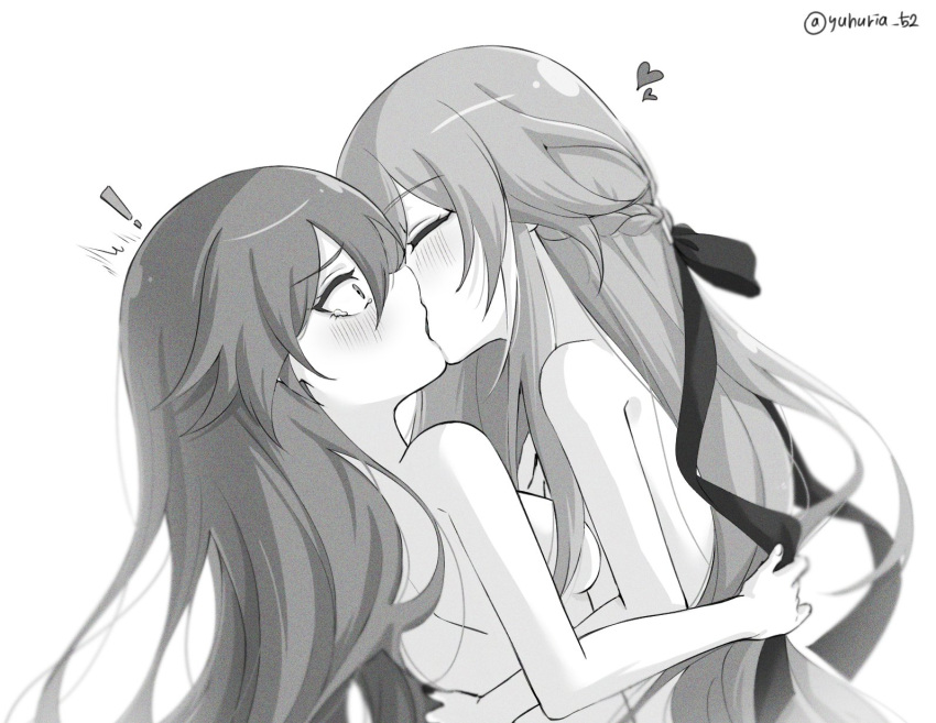 ! 2girls artist_name black_bow black_nails blush bow breasts completely_nude fu_hua fu_hua_(herrscher_of_sentience) greyscale hand_on_another's_back heart highres honkai_(series) honkai_impact_3rd hug kiss long_hair medium_breasts monochrome multiple_girls nude simple_background tearing_up tears upper_body white_background yuhuria_52 yuri