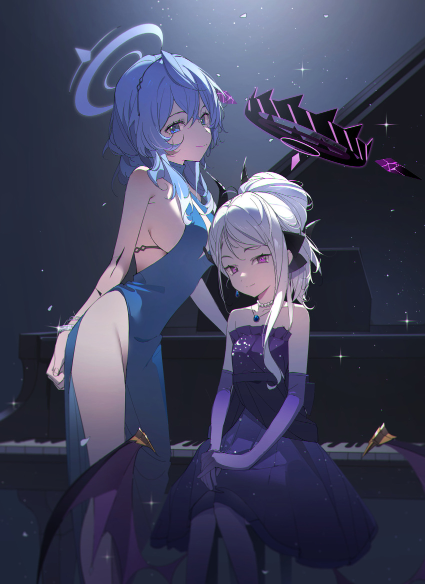 2girls absurdres ako_(blue_archive) bare_shoulders black_halo black_horns blue_archive blue_dress blue_eyes blue_hair blue_halo breasts closed_mouth dress gloves halo highres hina_(blue_archive) horns instrument large_breasts looking_at_viewer low_wings medium_hair multiple_girls nogi_lace official_alternate_costume piano purple_dress purple_eyes purple_gloves purple_wings sideboob sideless_dress sideless_outfit sitting smile wings