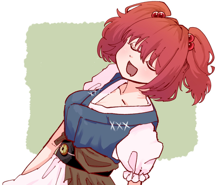 1girl breasts closed_eyes coin collarbone commentary eik_s2 green_background hair_bobbles hair_ornament highres obi onozuka_komachi open_mouth red_hair sash short_hair short_sleeves smile solo touhou two_side_up upper_body