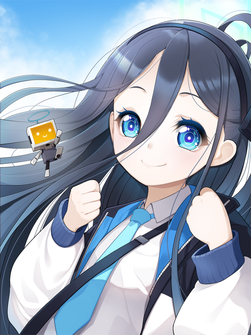 &lt;key&gt;_(robot)_(blue_archive) 1girl aris_(blue_archive) black_hair black_hairband blue_archive blue_eyes blue_necktie blue_sky clenched_hands closed_mouth cloud cloudy_sky collared_shirt commentary_request day hair_between_eyes hairband halo hands_up highres jacket koflif long_hair necktie one_side_up open_clothes open_jacket outdoors shirt sky smile upper_body very_long_hair white_jacket white_shirt