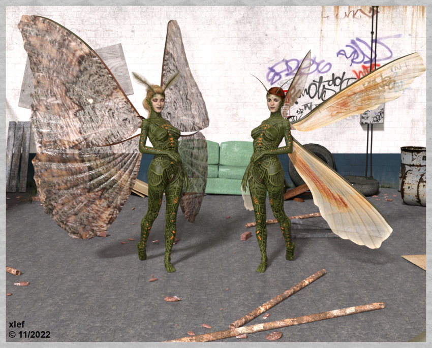 2022 3d_(artwork) alley animal_humanoid antennae_(anatomy) arthropod arthropod_humanoid barefoot brown_hair daz3d digital_media_(artwork) duo feet female first_person_view furniture graffiti green_body green_eyes green_skin green_sofa hair humanoid insect insect_humanoid insect_wings looking_at_viewer nippleless outside pavement sofa wings xlef