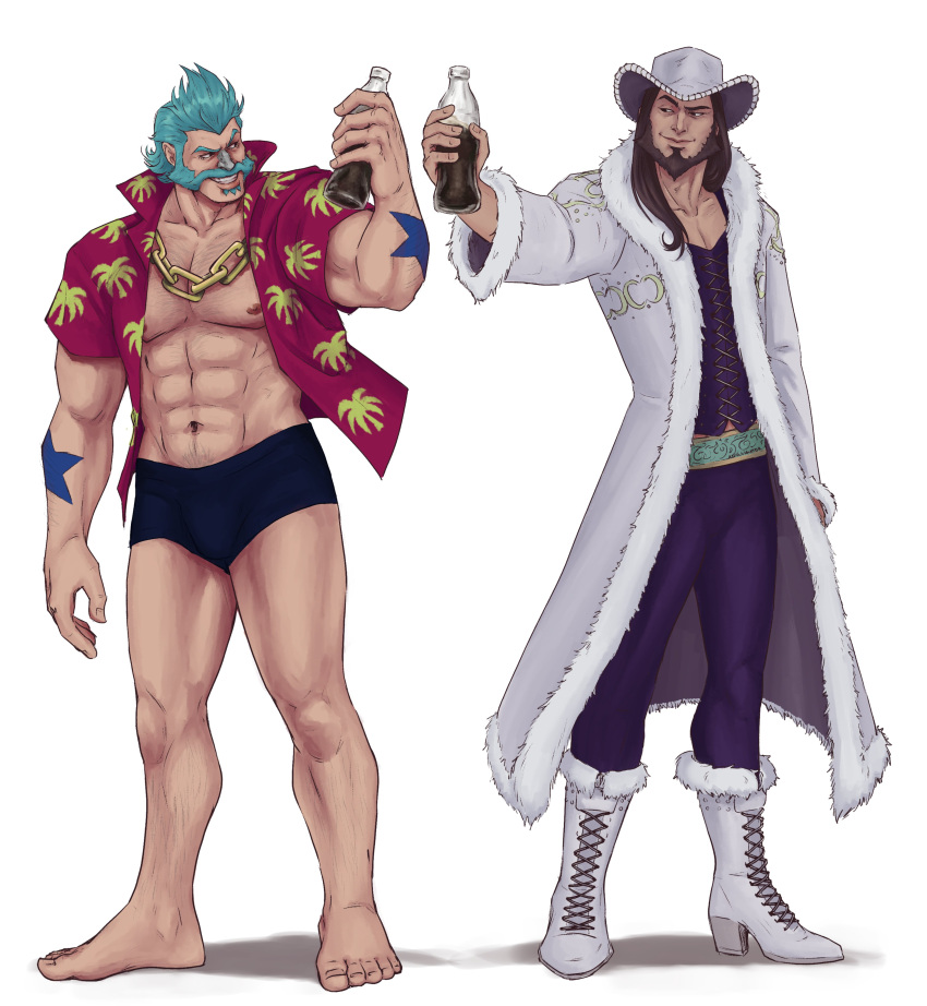 2boys abs absurdres analligator bara bare_pectorals beard black_male_underwear boxers bulge chain_necklace cola cosplay couple facial_hair franky_(one_piece) franky_(one_piece)_(cosplay) full_beard graves_(league_of_legends) grin hairy hawaiian_shirt highres jewelry large_hands large_pectorals league_of_legends long_hair looking_to_the_side male_focus male_underwear mature_male multiple_boys muscular muscular_male mutton_chops navel navel_hair necklace nico_robin nico_robin_(cosplay) nipples no_pants one_piece pectorals shirt short_hair short_sleeves smile sparse_arm_hair sparse_chest_hair sparse_leg_hair sparse_navel_hair standing stomach thick_beard thick_eyebrows thick_mustache toasting_(gesture) twisted_fate underwear white_background yaoi