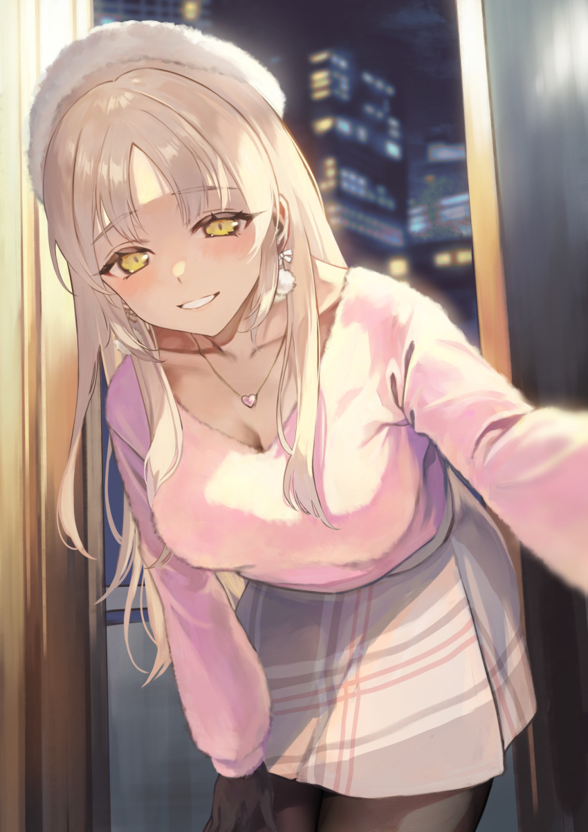 1girl black_gloves black_pantyhose blonde_hair blush casual costume_request earrings fur_hat fur_shirt gloves grey_skirt hat highres jewelry long_hair nijisanji otsudou pantyhose pink_shirt pom_pom_(clothes) pom_pom_earrings pov_doorway shirt sister_claire skirt smile solo very_long_hair