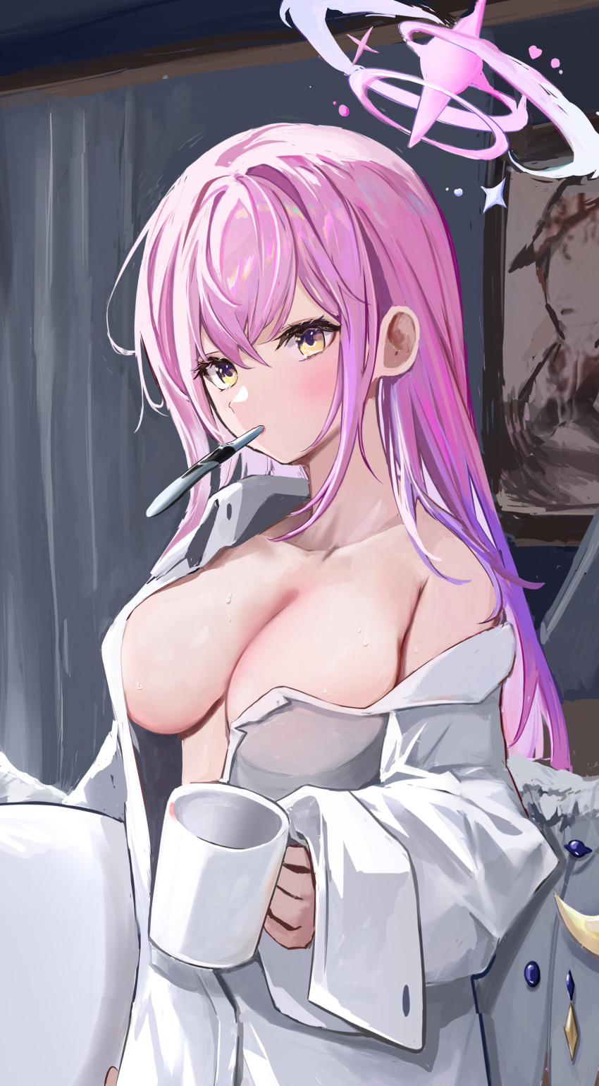1girl absurdres angel_wings blue_archive breasts commentary cup dana_(hapong07) feathers halo highres holding holding_cup large_breasts long_hair long_sleeves mika_(blue_archive) mouth_hold pink_hair pink_halo shirt solo symbol-only_commentary toothbrush_in_mouth white_shirt white_wings wings yellow_eyes
