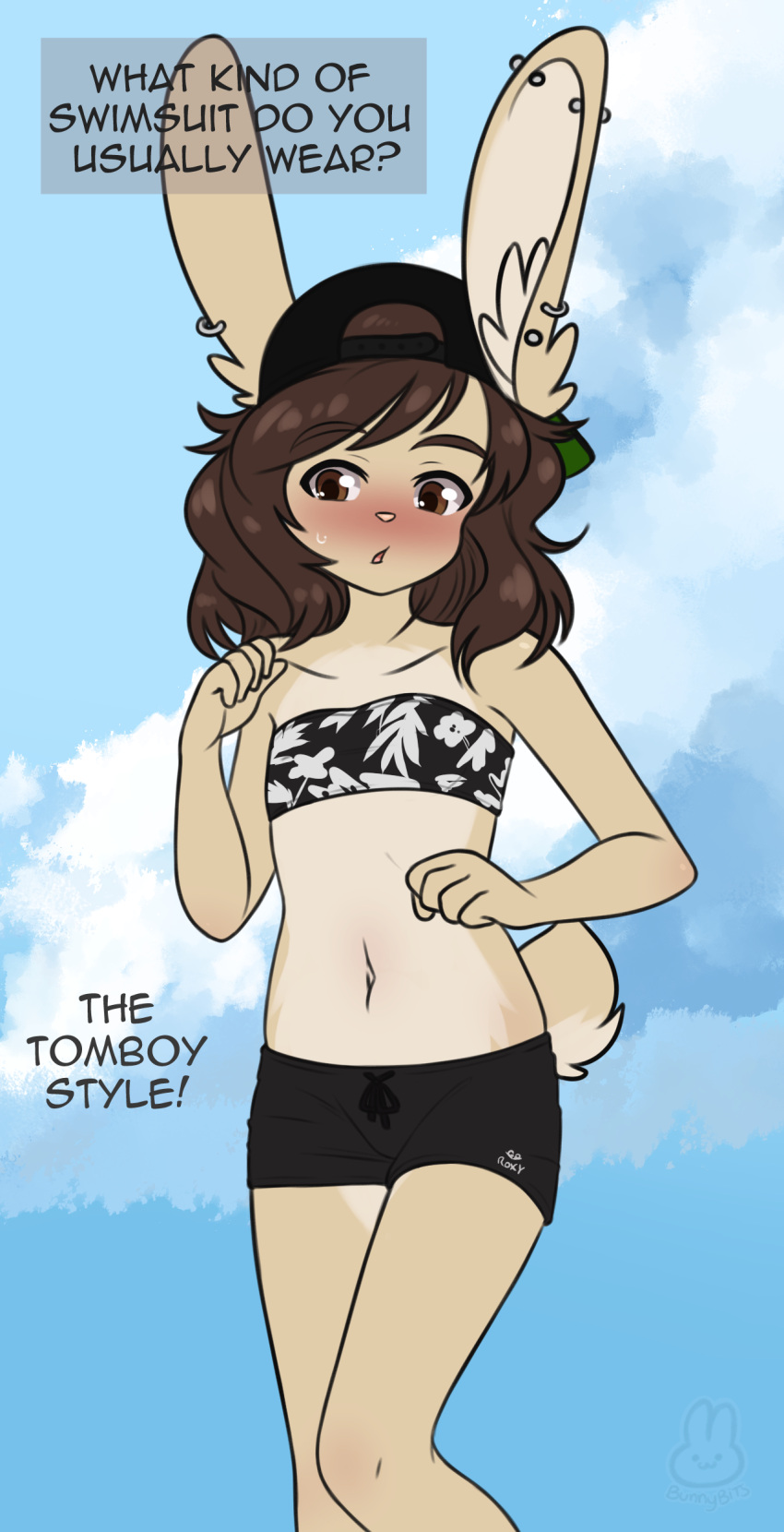 absurd_res anthro blush bottomwear brown_eyes brown_hair bunnybits bunnybits_(character) clothed clothing digital_media_(artwork) english_text female fur hair hat headgear headwear hi_res lagomorph leporid mammal outside rabbit sky solo swimwear tail text topwear