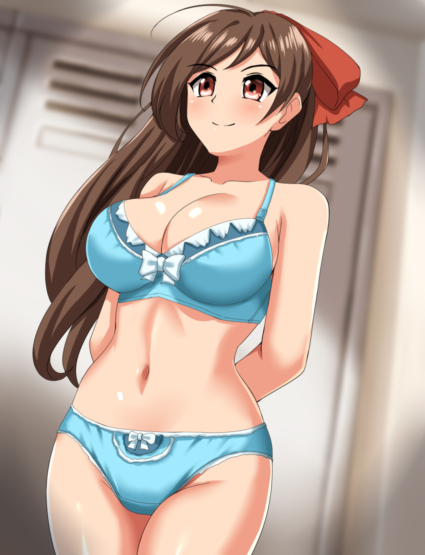 1girl absurdres aqua_bra aqua_panties arms_behind_back bow bow_bra bow_panties bra breasts brown_hair cleavage commentary_request commission cowboy_shot crotch_seam hair_ribbon highres indoors kantai_collection large_breasts locker locker_room long_hair looking_to_the_side mamiya_(kancolle) panties pixiv_commission red_eyes red_ribbon ribbon solo standing textless_version underwear underwear_only zanntetu