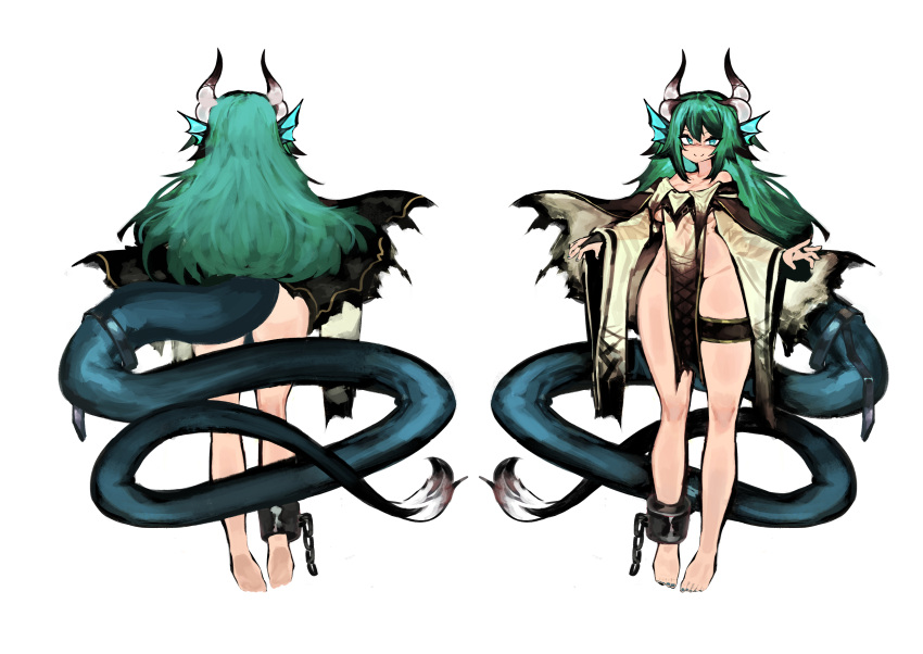 1girl absurdres ass bare_shoulders barefoot black_capelet breasts capelet chain chinese_commentary commentary_request cuffs dragon_girl fins fur-tipped_tail green_eyes green_hair head_fins highres horns long_hair long_sleeves looking_at_viewer nail_polish no_pants no_pupils original robe shackles smile solo sora_sakura tail_belt thigh_strap underboob very_long_tail white_background