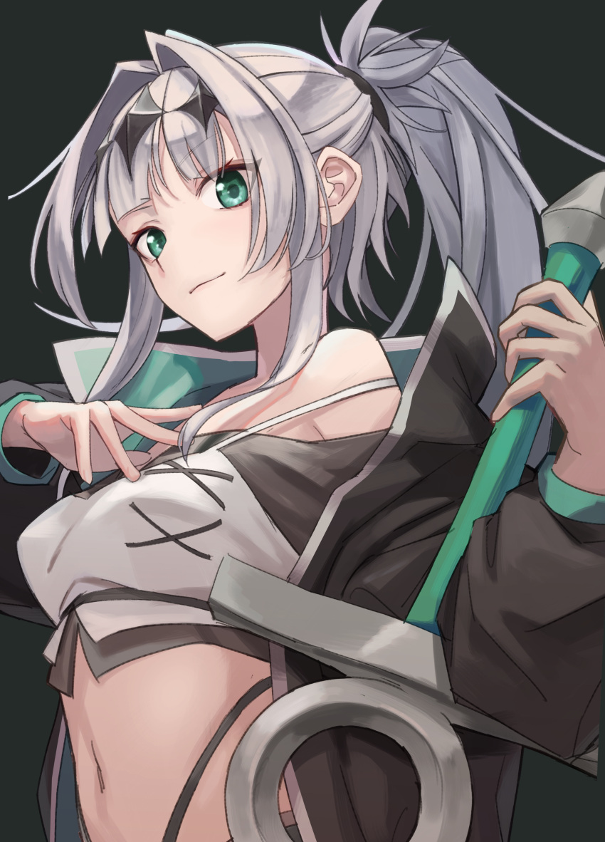 1girl absurdres black_jacket breasts camisole closed_mouth coeiroink commentary_request croix-chan crop_top cropped_shirt from_side green_eyes grey_hair hair_intakes hand_on_own_chest hands_up highleg highleg_panties highres holding holding_sword holding_weapon jacket light_smile long_hair long_sleeves looking_at_viewer medium_breasts midriff navel off-shoulder_shirt off_shoulder open_clothes open_jacket panties panty_straps ponytail shirt sidelocks solo stomach sword underwear uo_(uo3610_) upper_body weapon