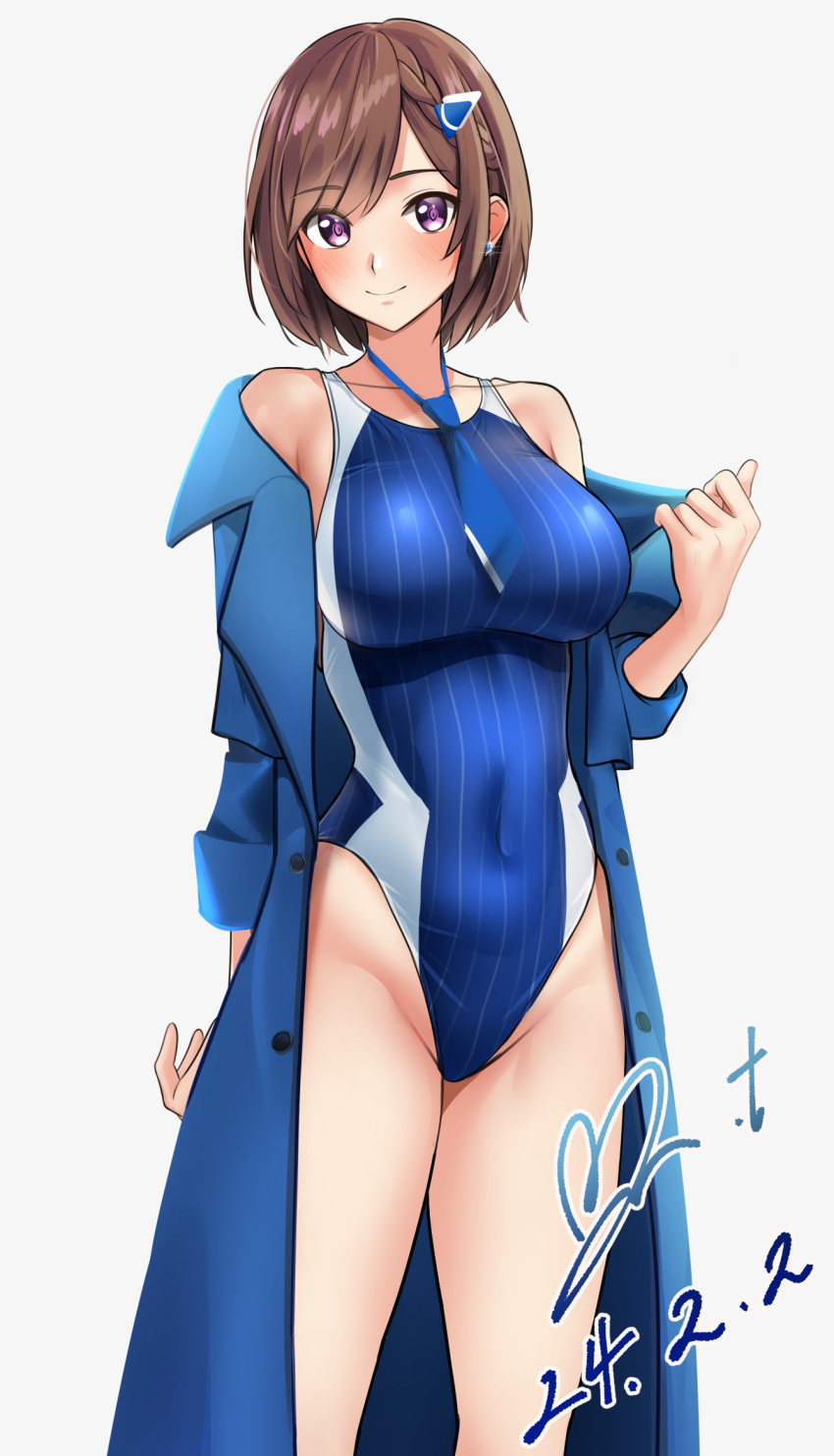 1girl bare_shoulders blue_coat blue_necktie blue_one-piece_swimsuit blush braid breasts brown_hair closed_mouth coat commentary_request commission competition_swimsuit covered_navel dated doumyouji_cocoa earrings feet_out_of_frame glint hair_ornament highleg highleg_swimsuit highres jewelry large_breasts looking_at_viewer necktie off_shoulder one-piece_swimsuit open_clothes open_coat pixiv_commission purple_eyes riot_music short_hair short_necktie signature simple_background smile solo standing swept_bangs swimsuit trench_coat two-tone_swimsuit virtual_youtuber white_background white_one-piece_swimsuit yoo_tenchi