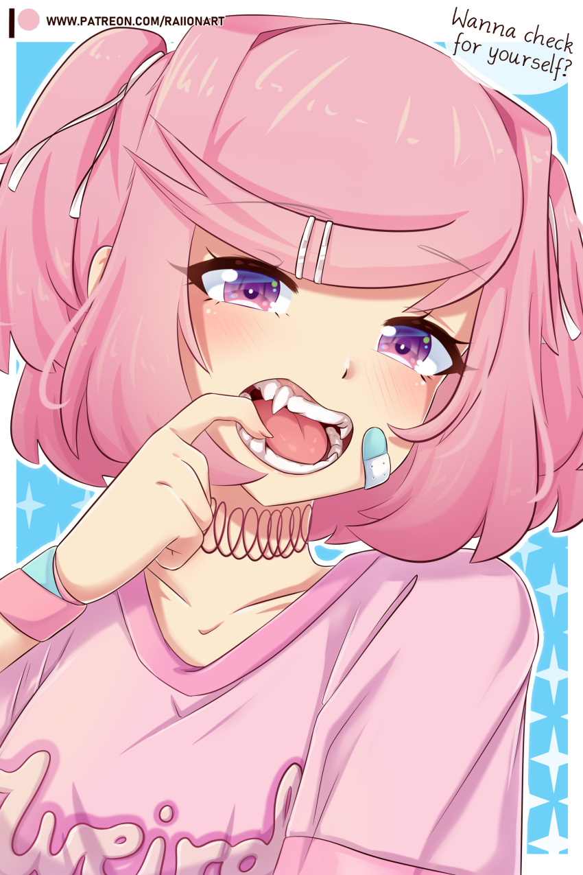 1girl absurdres bow doki_doki_literature_club english_text fang hair_ornament hair_ribbon hairclip highres looking_at_viewer natsuki_(doki_doki_literature_club) open_mouth pink_eyes pink_hair raion_(raionart) ribbon shirt short_hair simple_background solo teeth tsundere