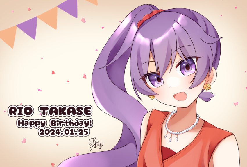 1girl blush character_name earrings flower_earrings happy_birthday jewelry long_hair looking_at_viewer necklace ongeki open_mouth pearl_necklace purple_eyes purple_hair shirt side_ponytail sleeveless sleeveless_shirt smile solo string string_of_fate takase_rio u_amy1207 very_long_hair