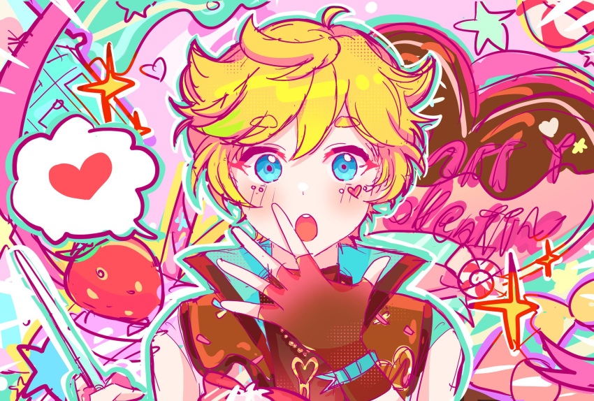 1boy blonde_hair blue_eyes blush doughnut ensemble_stars! food fruit green_hair harukawa_sora heart heart_on_chest highres looking_at_viewer male_focus multicolored_hair official_alternate_costume open_mouth peppermint purple_background short_hair sketch solo sparkle spoken_heart star_(symbol) strawberry switch_signal teeth