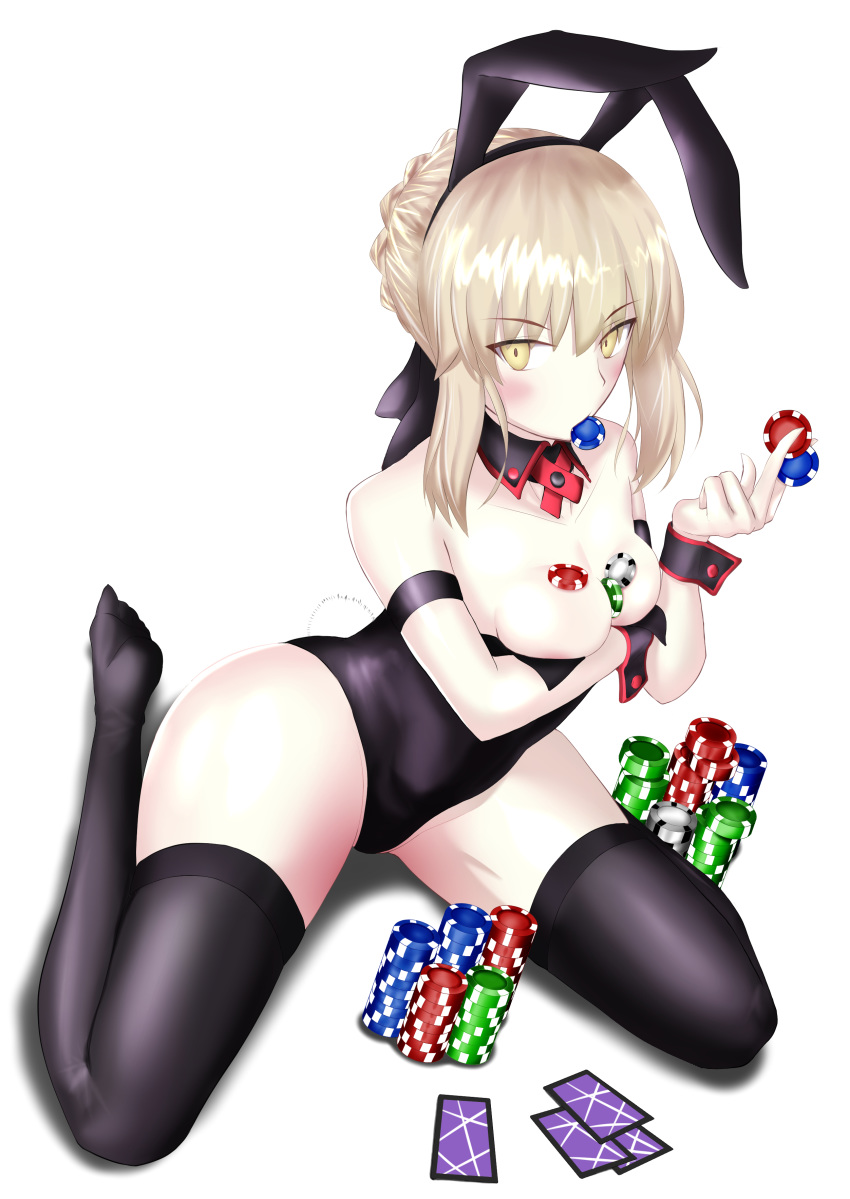 animal_ears areola breast_hold bunny_ears bunny_girl fate/grand_order no_bra open_shirt saber saber_alter tail thighhighs tydark511_may