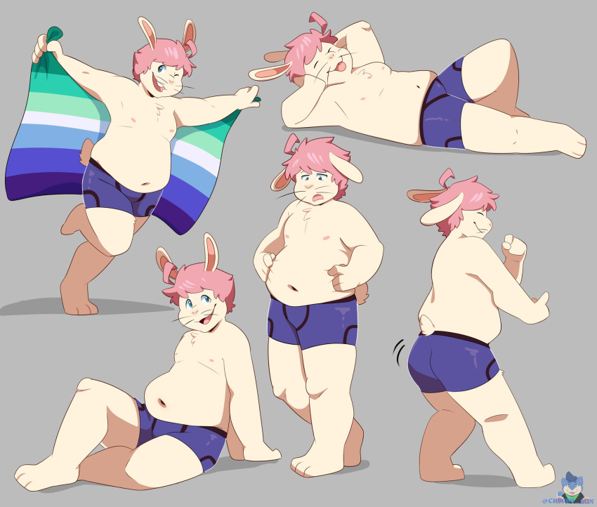 anthro blep bluechubbywolf bulge butt chubby_belly clothing gender_symbol hi_res joshie_(calahootheyeen) lagomorph leporid male male/male male/male_symbol male_symbol mammal overweight pride_color_flag rabbit sexuality_symbol slightly_chubby slightly_chubby_male solo symbol tongue tongue_out twerking underwear