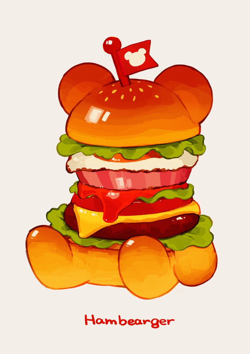 absurdres animal-themed_food bread_bun burger cheese commentary english_text flag food food_art food_focus highres kaname_(emanalc) ketchup lettuce meat no_humans original pun sesame_seeds simple_background sitting tomato tomato_slice vegetable white_background