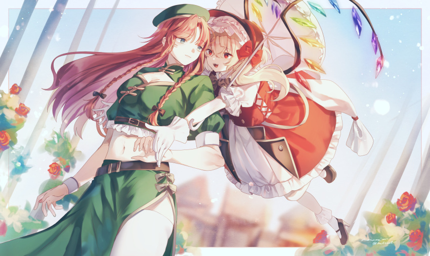 2girls absurdres adapted_costume belt black_headwear blonde_hair braid breasts cleavage commission crop_top crystal_wings dress flandre_scarlet flower glomp gloves green_shirt green_skirt hat high_heels highres hong_meiling hug long_hair midriff multicolored_wings multiple_girls navel open_mouth parasol pixiv_commission red_dress red_eyes red_flower red_hair red_ribbon red_rose ribbon rose ruoruomi shirt short_sleeves side_braids side_ponytail side_slit skirt smile thighhighs touhou umbrella white_gloves white_thighhighs wings