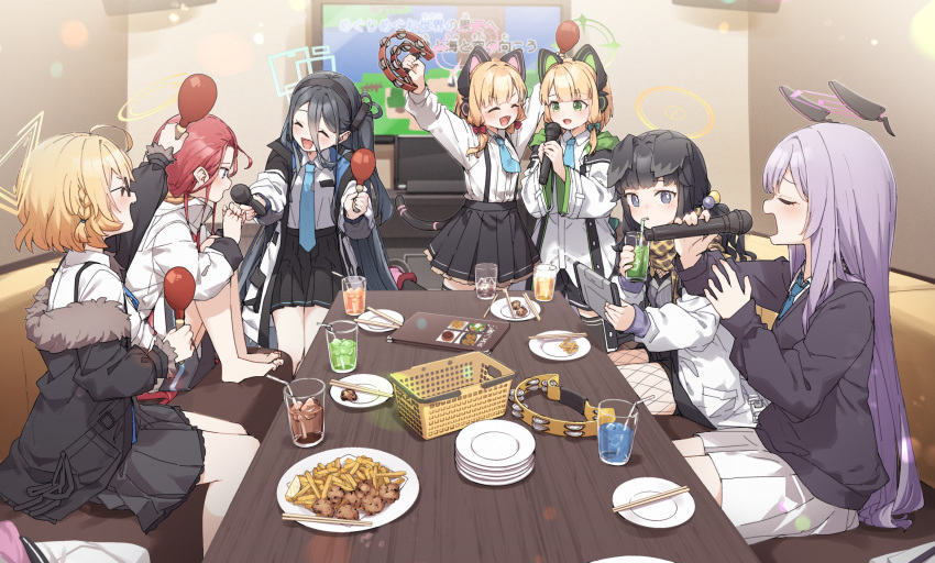 6+girls ^_^ animal_ear_headphones animal_ears aqua_necktie aris_(blue_archive) arms_up bare_legs barefoot black-framed_eyewear black_hair black_skirt blonde_hair blue_archive blush cat_ears cat_tail chopsticks closed_eyes controller dog_ears drink drinking_straw engineering_department_(blue_archive) fake_animal_ears fake_tail fishnet_pantyhose fishnets food french_fries game_development_department_(blue_archive) giving glasses headphones hibiki_(blue_archive) highres holding holding_instrument holding_remote_control indoors instrument jacket jacket_partially_removed karaoke kotori_(blue_archive) looking_at_viewer maracas midori_(blue_archive) momoi_(blue_archive) multiple_girls music necktie outstretched_arms pantyhose pleated_skirt purple_hair red_hair remote_control saucer school_uniform shirt siblings singing sisters sitting skirt standing tail tambourine twins utaha_(blue_archive) white_shirt yukie_(kusaka_shi) yuzu_(blue_archive)