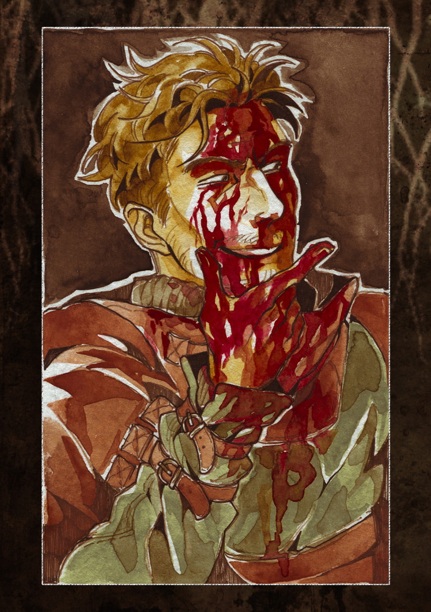 1boy absurdres artemy_burakh beard_stubble blood blood_on_clothes blood_on_face blood_on_hands border brown_background brown_hair facial_hair hand_on_own_face highres looking_to_the_side male_focus mature_male mustache_stubble pathologic pathologic_2 short_hair smile solo stubble ultra-baklan-the-ovosh upper_body white_border