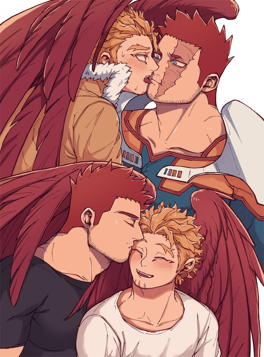 2boys abbbby_28 bara black_shirt blonde_hair blue_bodysuit blush bodysuit boku_no_hero_academia closed_eyes couple endeavor_(boku_no_hero_academia) facial_hair feathered_wings hawks_(boku_no_hero_academia) highres jacket kiss kissing_forehead large_pectorals licking licking_another's_face looking_at_another male_focus mature_male multiple_boys muscular muscular_male orange_bodysuit pectorals red_hair shirt short_hair simple_background smile tongue tongue_out two-tone_bodysuit white_background white_shirt wings yaoi yellow_jacket