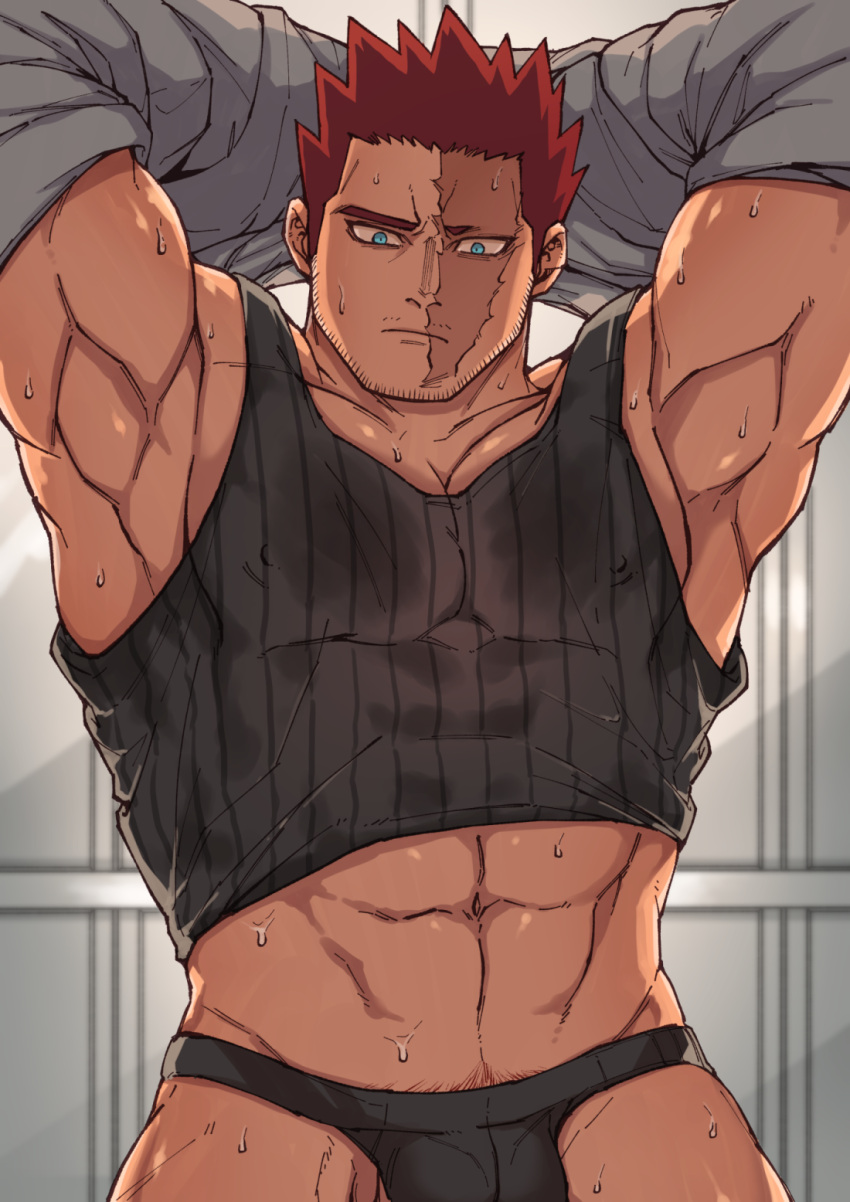 1boy abbbby_28 abs bara black_male_underwear black_tank_top blue_eyes boku_no_hero_academia bulge burn_scar closed_mouth endeavor_(boku_no_hero_academia) facial_hair grey_jacket highres jacket large_pectorals male_focus male_underwear mature_male muscular muscular_male navel open_clothes open_jacket pectorals scar scar_on_face solo tank_top underwear undressing