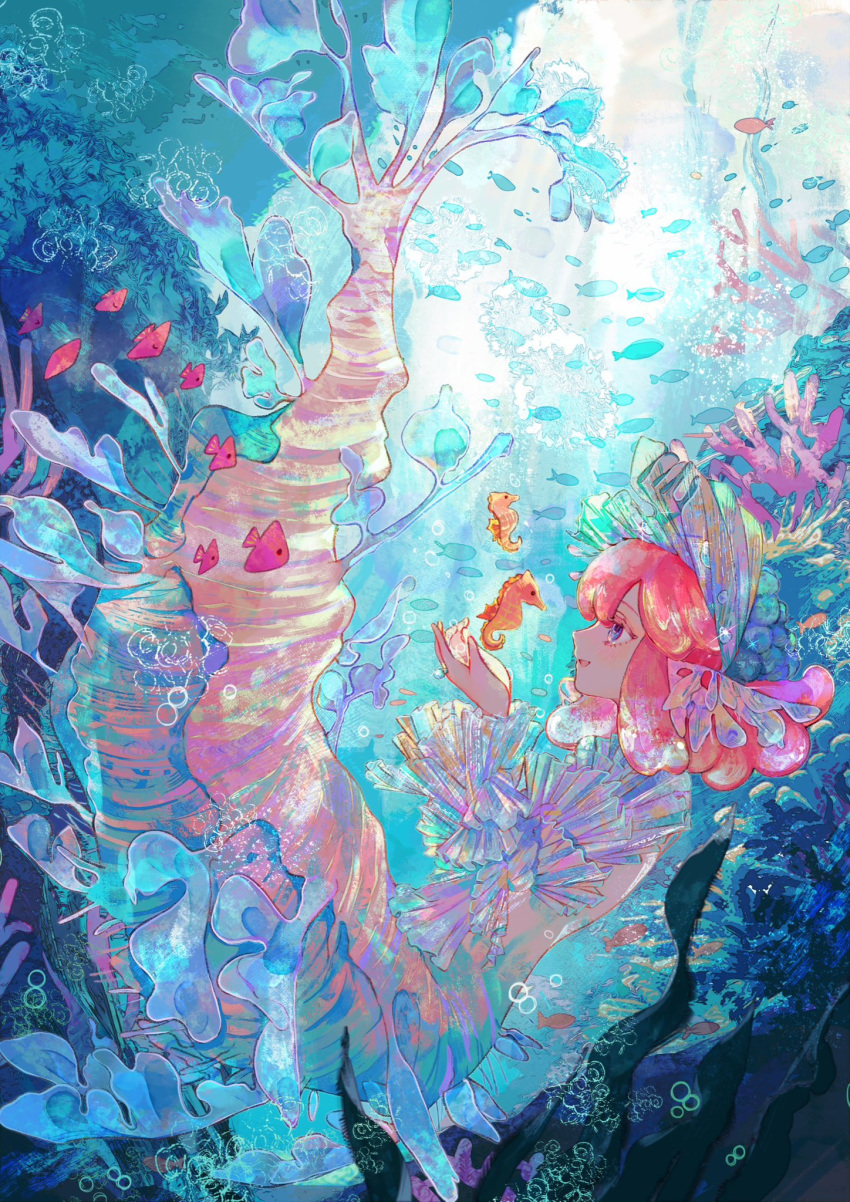 1girl air_bubble animal bubble chinese_zodiac commentary coral_reef cupping_hands eye_contact fins fish frilled_sleeves frills from_side full_body glint hands_up head_fins headdress highres jamu_(yakinikuoi4) jewelry layered_sleeves long_sleeves looking_at_animal looking_at_another nude ocean original own_hands_together profile red_hair ring school_of_fish seahorse seahorse_girl seaweed short_hair smile symbol-only_commentary taur underwater year_of_the_dragon