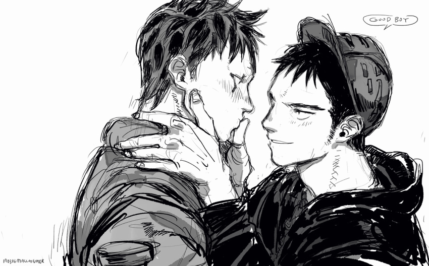 2boys aikawa_(dorohedoro) artist_request baseball_cap blush colored_tips couple dorohedoro eye_contact facial_hair facial_mark finger_in_another's_mouth greyscale hat looking_at_another male_focus medium_sideburns monochrome multicolored_hair multiple_boys no_eyebrows risu_(dorohedoro) sideburns_stubble sketch smile stubble thick_eyebrows yaoi