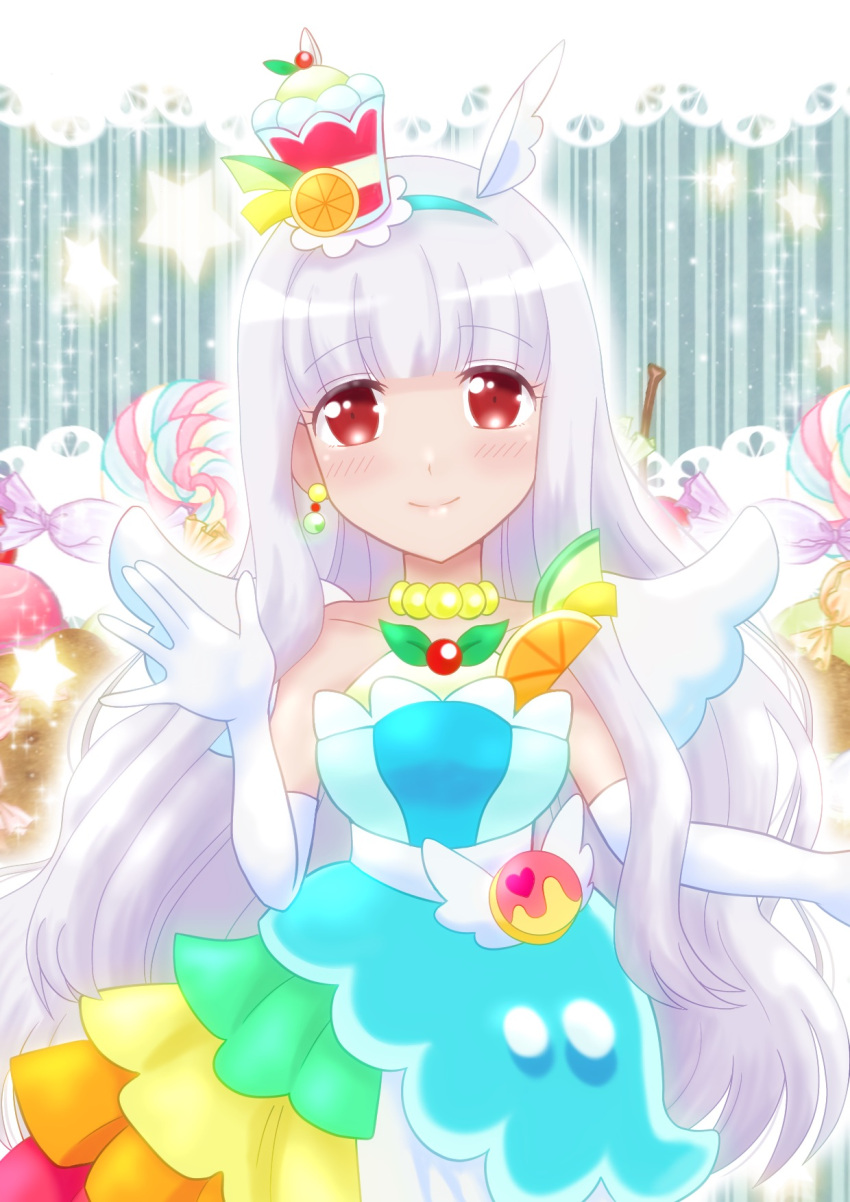 1girl asukamama89 bare_shoulders blush candy commentary_request cosplay cure_parfait cure_parfait_(cosplay) dress elbow_gloves food fruit gloves hat headband highres jewelry kirakira_precure_a_la_mode lollipop long_hair looking_at_viewer minase_inori necklace orange_(fruit) otome_game_no_hametsu_flag_shika_nai_akuyaku_reijou_ni_tensei_shite_shimatta precure solo sophia_ascart star_(symbol) strapless strapless_dress voice_actor_connection white_gloves white_wings wings