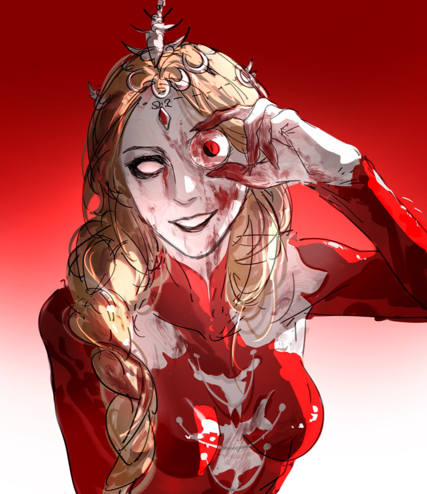 1girl baldur's_gate baldur's_gate_3 black_eyeshadow blank_eyes blonde_hair blood blood_on_clothes blood_on_face blood_on_hands bodysuit braid circlet collared_bodysuit colored_skin commentary crazy_grin crazy_smile detached_sleeves dungeons_and_dragons eyeball eyeshadow facing_viewer fingernails gradient_background grey_skin grin hair_over_shoulder hand_up headpiece highres holding_eyeball long_hair low-braided_long_hair makeup minthara one_eye_covered orin_the_red red_background red_bodysuit sharp_fingernails simple_background single_braid sketch smile solo symbol-only_commentary two-tone_background upper_body white_background yun_nian162