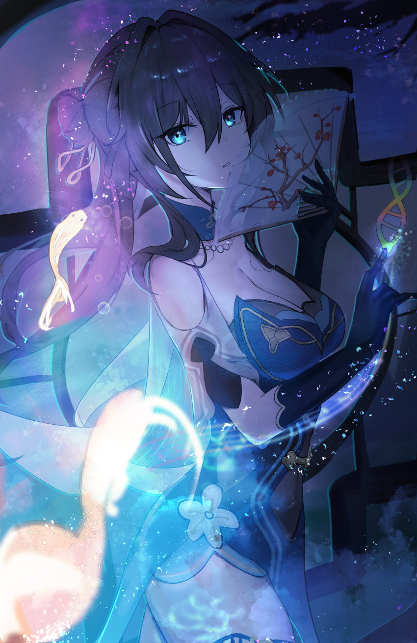 1girl absurdres black_gloves black_hair blue_dress blue_eyes breasts capelet cleavage clothing_cutout cowboy_shot dna dress folding_fan gloves hair_between_eyes hair_bun hand_fan hand_up highres holding honkai:_star_rail honkai_(series) large_breasts long_hair looking_at_viewer parted_lips pelvic_curtain ponytail ruan_mei_(honkai:_star_rail) shoulder_cutout solo standing strapless strapless_dress yuki_daruma404