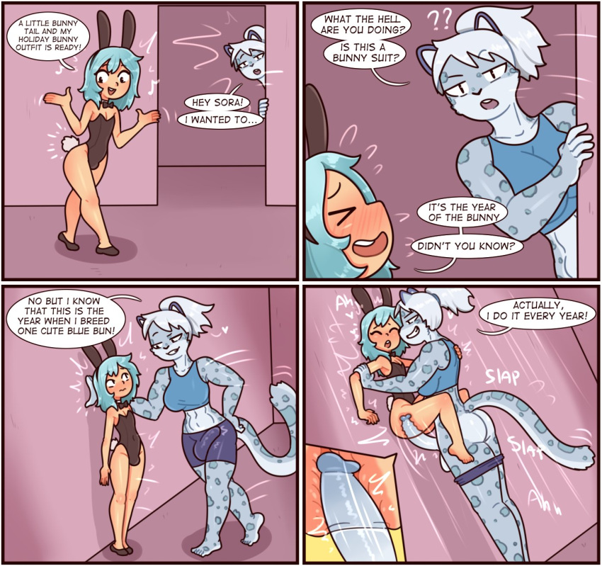 &lt;3 4_panel_comic abs anal anal_penetration anthro anthro_penetrating anthro_penetrating_human balls bedroom_eyes blue_hair blush blush_lines bottomwear bottomwear_down bow_tie bra butt cheek_tuft chinese_zodiac clothed clothing crossdressing dialogue dominant dominant_anthro dominant_gynomorph dominant_intersex english_text erection erection_under_clothing eyes_closed facial_tuft fake_ears fake_rabbit_ears fake_rabbit_tail fake_tail felid fur genitals girly grey_body grey_fur grey_hair grey_spots gynomorph gynomorph/male gynomorph_penetrating gynomorph_penetrating_male hair half-closed_eyes hi_res human human_on_anthro human_penetrated humanoid_genitalia humanoid_penis intersex intersex/male intersex_penetrating intersex_penetrating_male interspecies leotard male male_penetrated mammal markings motion_lines muscle_tone muscular muscular_anthro muscular_gynomorph muscular_intersex narrowed_eyes open_mouth open_smile pantherine partially_clothed penetration penis playboy_bunny playboy_outfit ponytail red7cat ricky_landon seductive sex shorts shorts_around_thighs shorts_down smile smirk smug smug_face smug_grin snow_leopard sound_effects speech_bubble sports_bra spots spotted_body spotted_fur spotted_markings submissive submissive_human submissive_male text tuft underwear wide_eyed year_of_the_rabbit