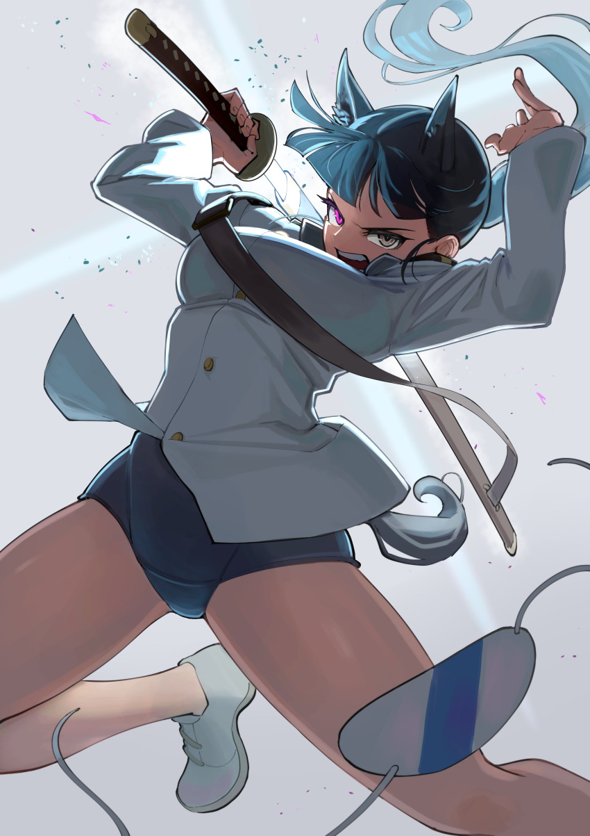 1girl absurdres animal_ears black_hair breasts dog_ears dog_tail eyepatch heterochromia highres holding holding_sword holding_weapon katana large_breasts long_hair military_uniform old_school_swimsuit open_mouth ponytail purple_eyes rikizo sakamoto_mio school_swimsuit shoes solo strike_witches swimsuit swimsuit_under_clothes sword tail teeth uniform unworn_eyepatch weapon world_witches_series yellow_eyes
