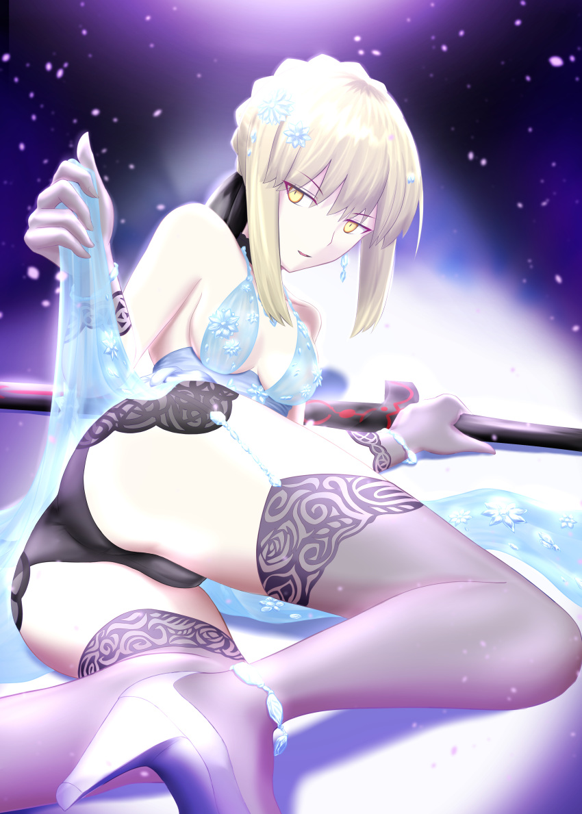 areola ass cameltoe cosplay fate/grand_order garter_belt heels lingerie no_bra pantsu saber saber_alter see_through skirt_lift stockings sword thighhighs tydark511_may