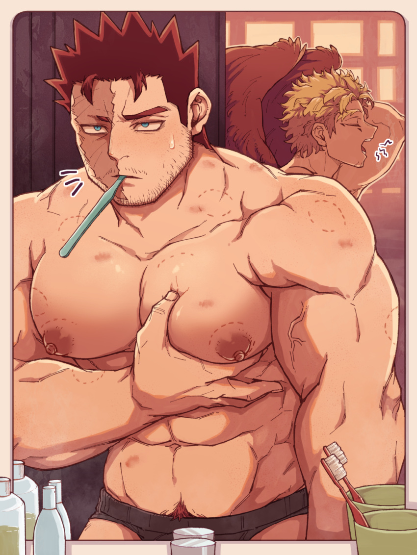 2boys abbbby_28 abs bara bite_mark black_male_underwear blonde_hair blue_eyes boku_no_hero_academia burn_scar endeavor_(boku_no_hero_academia) facial_hair feathered_wings hawks_(boku_no_hero_academia) highres indoors large_pectorals male_focus male_pubic_hair male_underwear mature_male multiple_boys muscular muscular_male navel nipples pectorals pubic_hair scar toothbrush toothbrush_in_mouth underwear veins veiny_arms wings yaoi