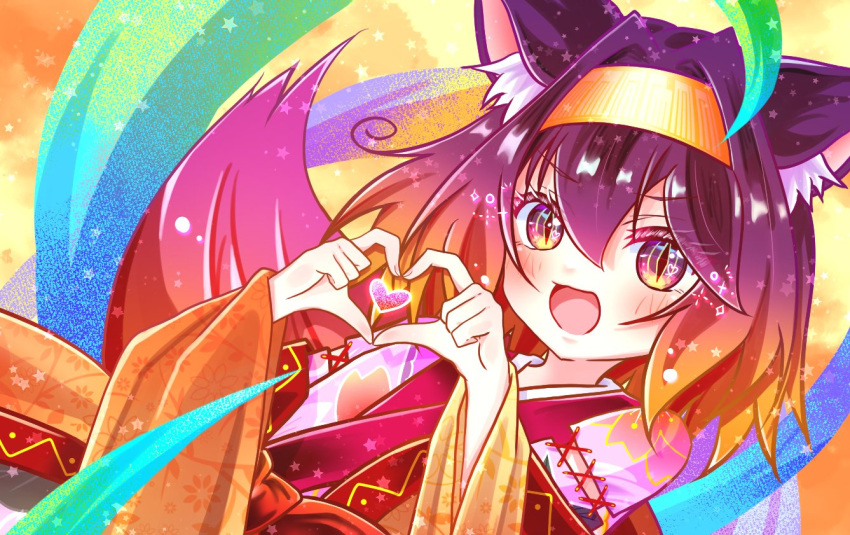 1girl :d animal_ear_fluff animal_ears blush commentary_request floral_print fox_ears fox_girl fox_tail gradient_hair hair_between_eyes hair_intakes hatsuse_izuna heart heart_hands japanese_clothes kimono long_sleeves looking_at_viewer medium_hair multicolored_background multicolored_clothes multicolored_hair multicolored_kimono no_game_no_life non_izuna open_mouth orange_hair orange_kimono pink_kimono purple_eyes purple_hair simple_background smile smug solo sorcerer's_sutra_scroll split_mouth tail upper_body v-shaped_eyebrows wide_sleeves