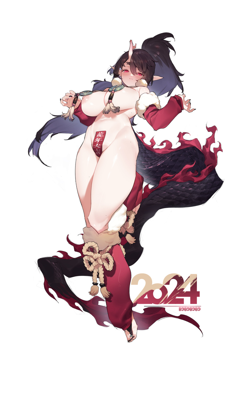 1girl 2024 absurdres areola_slip bare_shoulders black_hair blush breasts chinese_zodiac detached_sleeves dragon dragon_girl dragon_horns dragon_tail eastern_dragon full_body gebijiade_89 hair_ornament highres horns large_breasts long_hair looking_at_viewer maebari navel nipples original pointy_ears ponytail red_eyes revealing_clothes scales simple_background single_horn skin-covered_horns smile solo standing stirrup_legwear tail thighs toeless_legwear white_background year_of_the_dragon