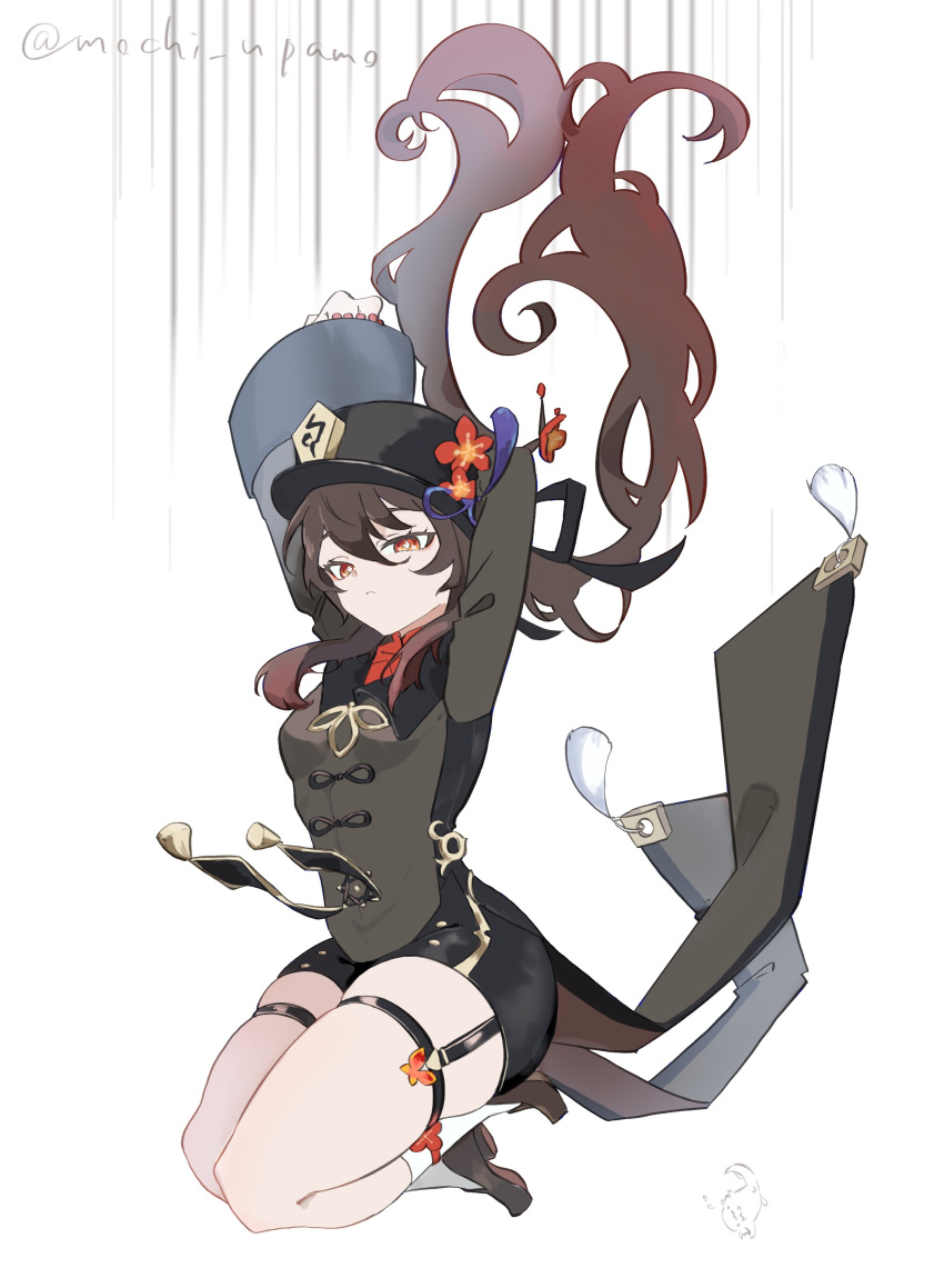 1girl absurdres black_shorts breasts brown_hair chinese_clothes full_body genshin_impact halterneck hat highres hu_tao_(genshin_impact) long_sleeves mochi_upamo porkpie_hat red_eyes shorts skindentation small_breasts symbol-shaped_pupils thick_thighs thigh_strap thighs twintails