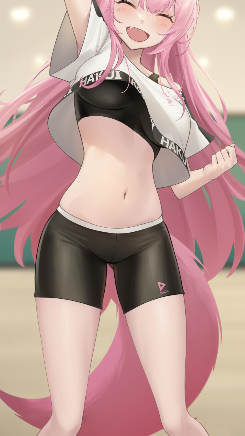 1girl absurdres arm_up bike_shorts breasts character_name closed_eyes commentary_request crop_top hakui_koyori highres hololive hololive_dance_practice_uniform large_breasts long_hair midriff navel official_alternate_costume open_mouth pink_hair smile solo somebody_(leiking00) sports_bra tail very_long_hair virtual_youtuber wolf_girl wolf_tail