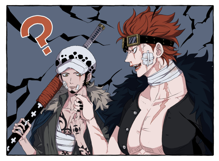 2boys ? arm_tattoo bandage_on_face bandage_on_neck bandaged_chest bandages black_hair black_nails blood blood_on_face chest_tattoo closed_mouth coat earrings eustass_kid facial_hair finger_grab fur_coat fur_hat goatee goggles hand_grab hand_tattoo hat highres holding holding_sheath jewelry male_focus middle_finger multiple_boys muscular muscular_male one_piece open_mouth pectorals piratesebine red_eyes red_hair scar sheath shirt short_hair sword tattoo teeth trafalgar_law weapon yaoi yellow_eyes