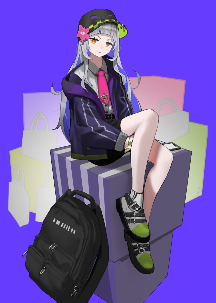 1girl 38_(sanjuuhachi) asymmetrical_bangs backpack bag belt black_bag black_headwear black_shorts blunt_bangs box cellphone collared_shirt colored_inner_hair dress_shirt green_nails grey_hair highres hololive hugging_own_legs jacket long_hair long_sleeves multicolored_hair murasaki_shion nail_polish necktie phone pink_necktie purple_hair shirt shirt_tucked_in shoes short_eyebrows shorts sitting smartphone smile solo star_(symbol) unworn_backpack unworn_bag virtual_youtuber yellow_eyes