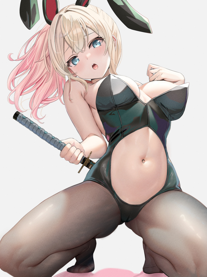 1girl alternate_costume animal_ears aqua_eyes armpit_crease black_leotard blonde_hair blush breasts clothing_cutout commentary_request fake_animal_ears hair_between_eyes highleg highleg_leotard highres hololive katana kazama_iroha leotard long_hair looking_at_viewer navel_cutout nekonosuke open_mouth pantyhose partial_commentary playboy_bunny ponytail rabbit_ears solo strapless strapless_leotard sword toes virtual_youtuber weapon weapon_on_back white_background