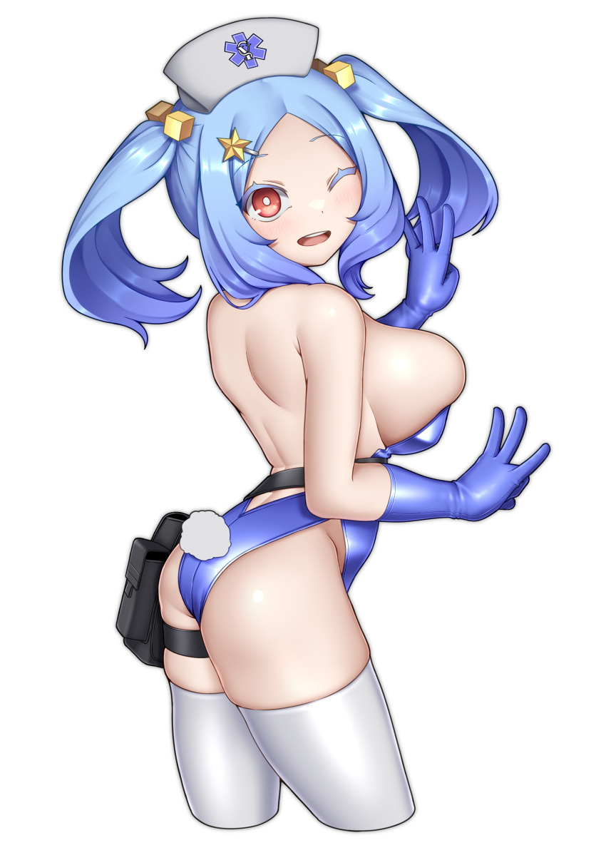 1girl ;d absurdres blue_gloves blue_hair blue_leotard breasts colored_eyelashes cropped_legs cube_hair_ornament double_w elbow_gloves from_side gloves grey_headwear hair_ornament hairclip hat highres large_breasts leotard looking_at_viewer looking_to_the_side nurse_cap one_eye_closed original paravene rabbit_tail red_eyes rod_of_asclepius simple_background skindentation smile solo star_(symbol) star_hair_ornament tail thighhighs twintails w white_background white_thighhighs