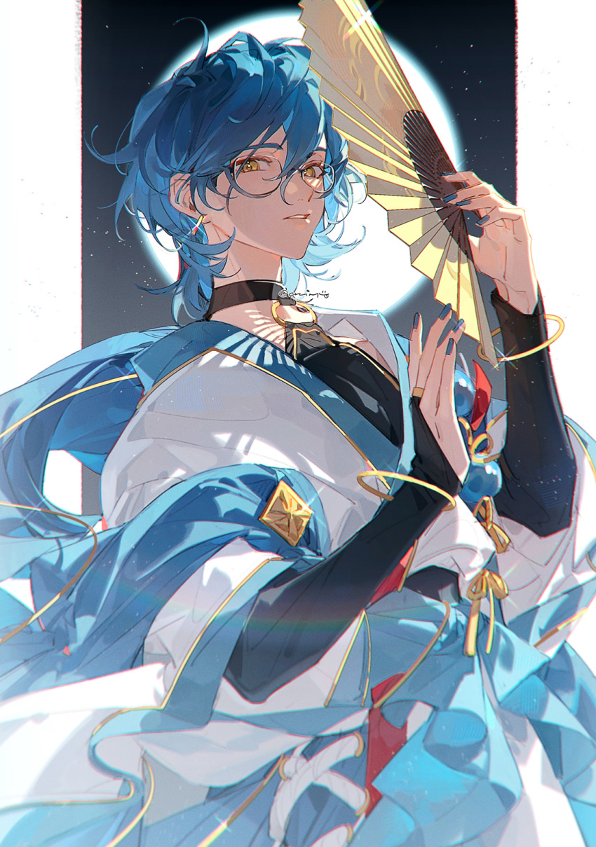 1boy aoba_tsumugi black_choker black_shorts black_sleeves blue_bow blue_hair blue_nails border bow chinese_clothes choker commentary cowboy_shot crim0x0 earrings ensemble_stars! folding_fan full_moon glasses gleam gold_bracelet hagoromo hand_fan highres holding holding_fan jacket jewelry layered_sleeves long_sleeves looking_at_viewer male_focus moon nail_polish night night_sky o-ring open_clothes open_jacket outside_border parted_lips pillarboxed shawl short_hair shorts sky sleeves_past_wrists solo symbol-only_commentary waist_bow white_background white_border white_sleeves wide_sleeves yellow_eyes