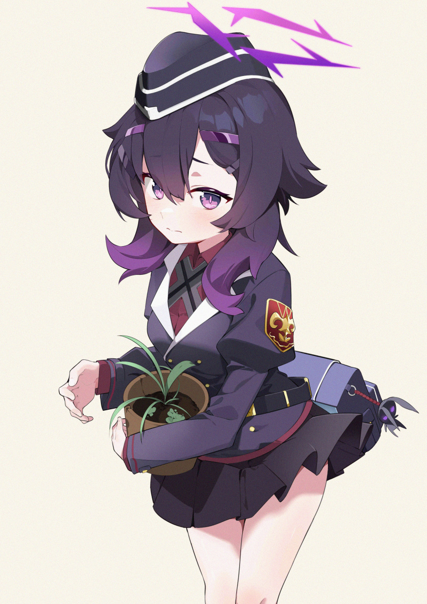 1girl absurdres black_headwear black_jacket black_skirt blue_archive blush closed_mouth collared_shirt feet_out_of_frame garrison_cap hair_between_eyes haruka_(blue_archive) hat highres jacket juliet_sleeves long_sleeves medium_hair plant pleated_skirt potted_plant puffy_sleeves purple_eyes purple_hair red_shirt shirt skirt solo wako_(1194433260)