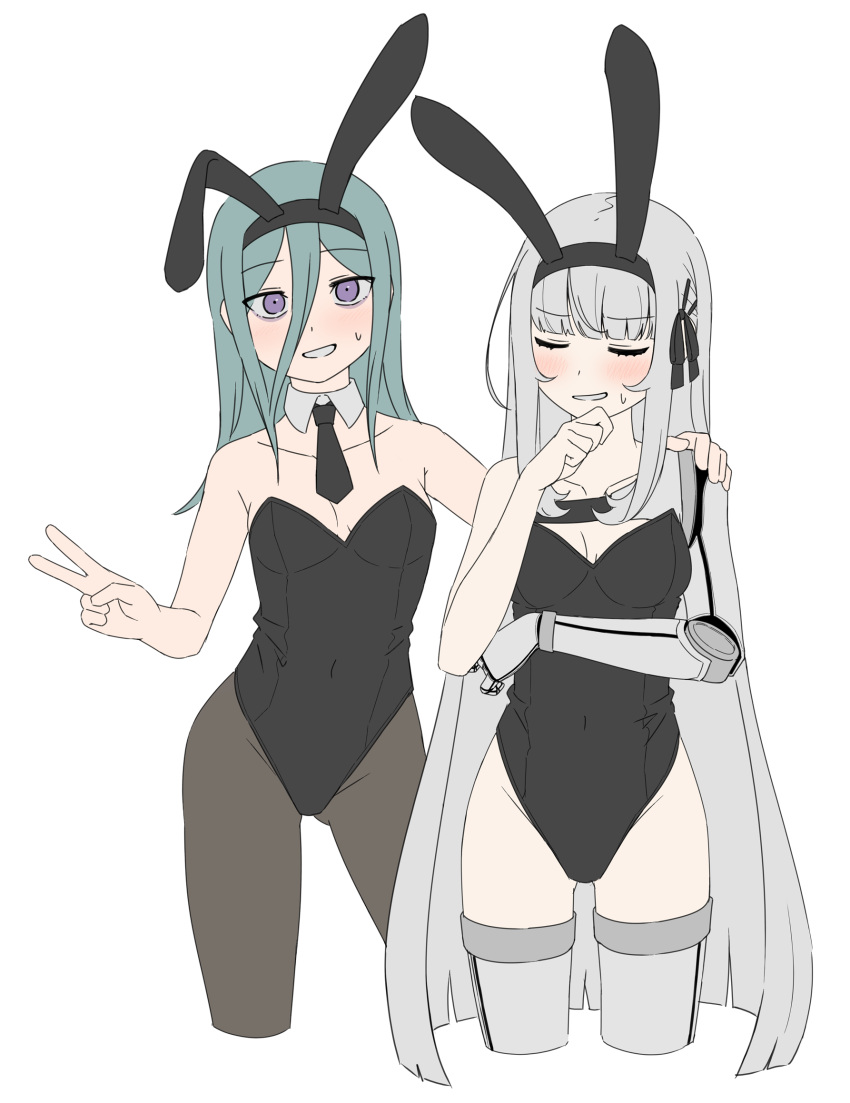 2girls animal_ears bare_arms bare_shoulders black_hairband black_leotard black_necktie blush breasts brown_pantyhose collar collarbone covered_navel cropped_legs detached_collar fake_animal_ears green_hair grey_collar grey_hair groin hair_between_eyes hairband hand_on_another's_shoulder highres leotard long_hair multiple_girls necktie original pantyhose paravene playboy_bunny prosthesis prosthetic_arm purple_eyes rabbit_ears simple_background small_breasts smile strapless strapless_leotard sweat very_long_hair white_background wing_collar