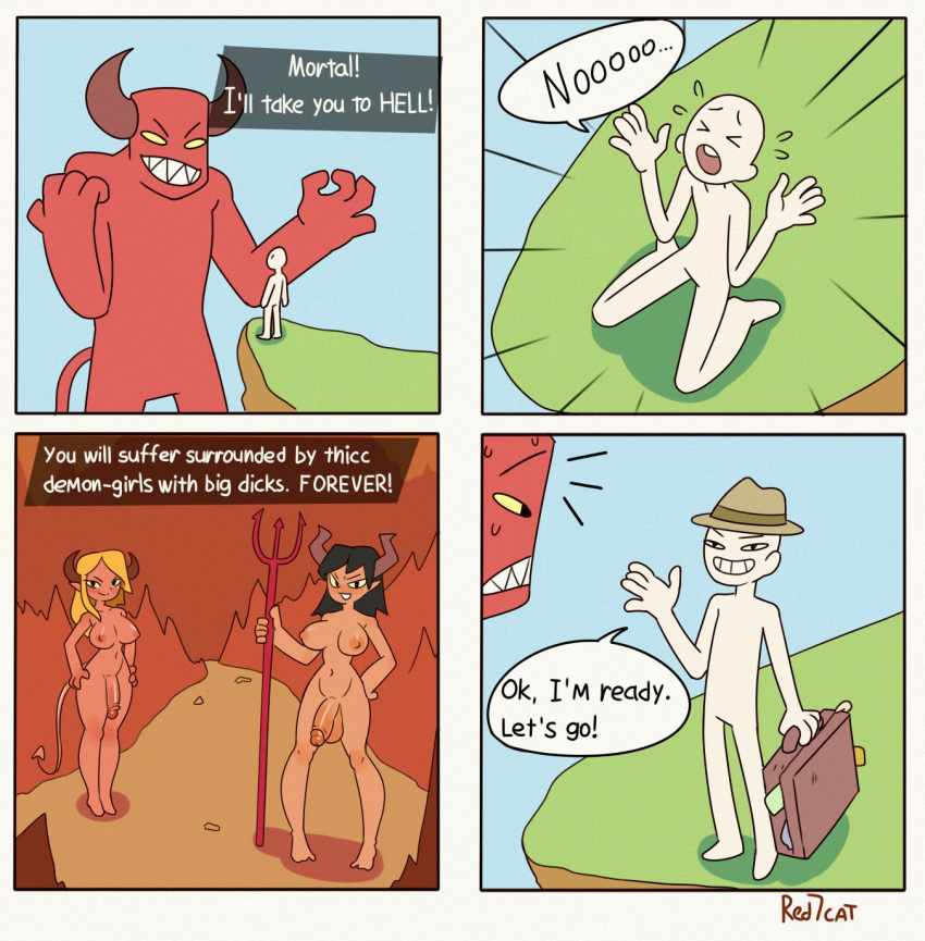 4_panel_comic balls bedroom_eyes black_hair blonde_hair bodily_fluids breasts cliff clothing curved_horn demon demon_humanoid dialogue english_text eyes_closed fedora feet genitals grin group gynomorph hair half-closed_eyes half-erect hat headgear headwear hi_res horn human humanoid humanoid_feet humanoid_genitalia humanoid_penis humor intersex kneeling macro male mammal narrowed_eyes open_mouth penis pitchfork plantigrade ponytail red7cat red_body red_skin satan seductive sharp_teeth smile spade_tail speech_bubble suitcase sweat sweatdrop tail teeth text tools white_body white_skin yellow_sclera