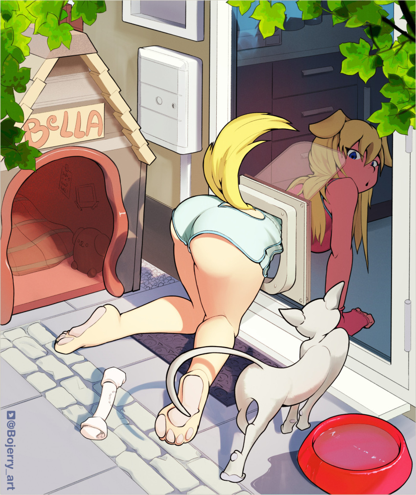 all_fours ambiguous_gender animal_ears animal_humanoid animal_tail big_butt blonde_hair bojerryart butt canid canid_humanoid canine canine_humanoid dog_humanoid domestic_cat duo felid feline felis female feral floppy_ears hair hi_res humanoid lop_ears mammal mammal_humanoid pet_door stuck tan_body tan_skin